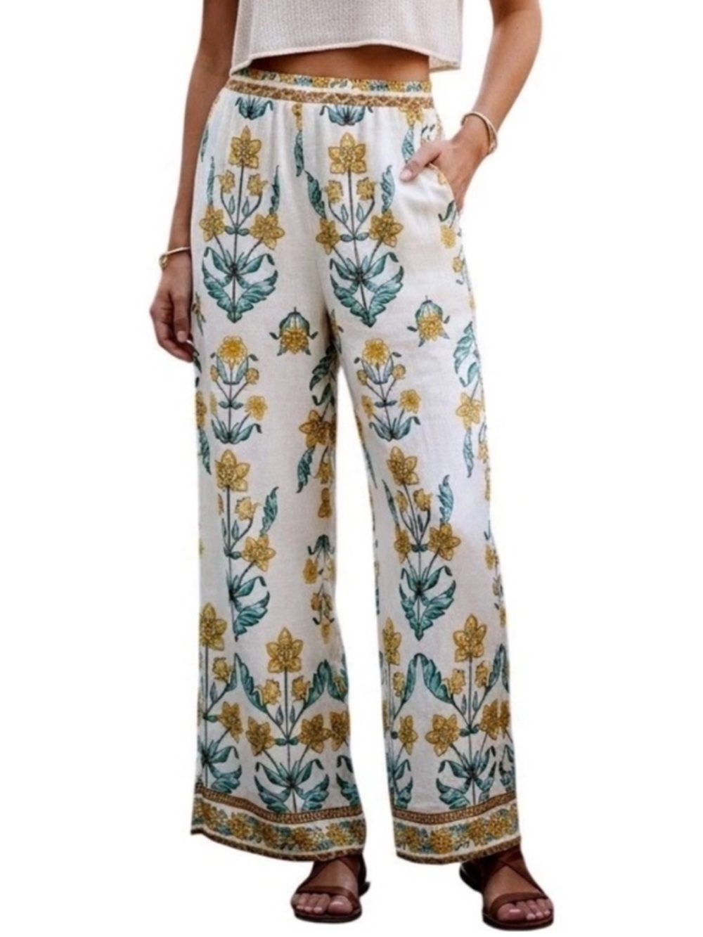 DRAPER JAMES RSVP Floral Wide Leg Pants Linen Blend Resort Coastal Small